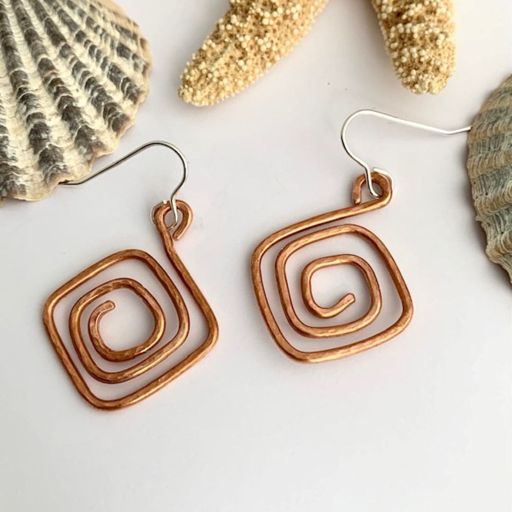 Copper Dimpled Square Spiral Earrings