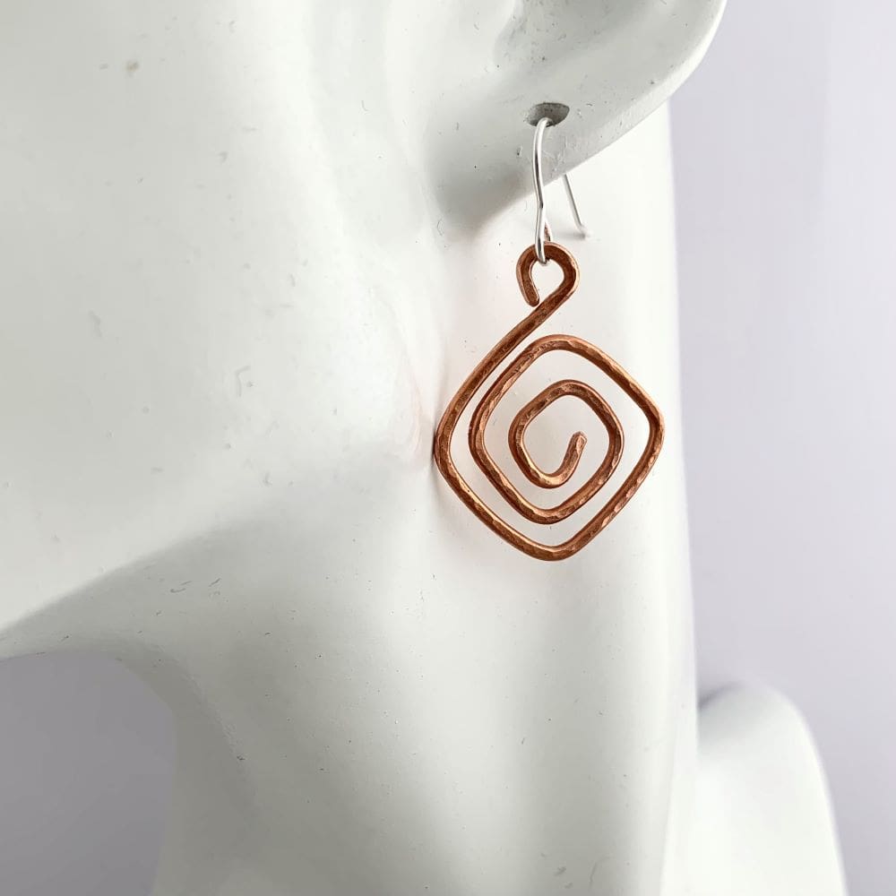 Copper Hammered Square Spiral Earrings