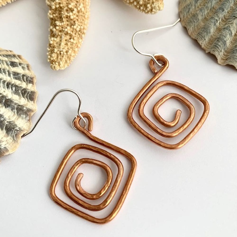 Copper Textured Square Spiral Earrings