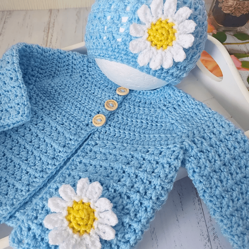 pale blue cardigan and beanie hat set