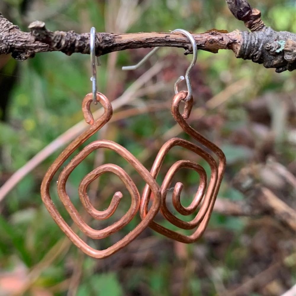 Dangly Copper Textured Square Spiral Earrings