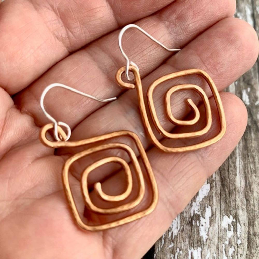 Dangly Hammered Copper Square Spiral Earrings