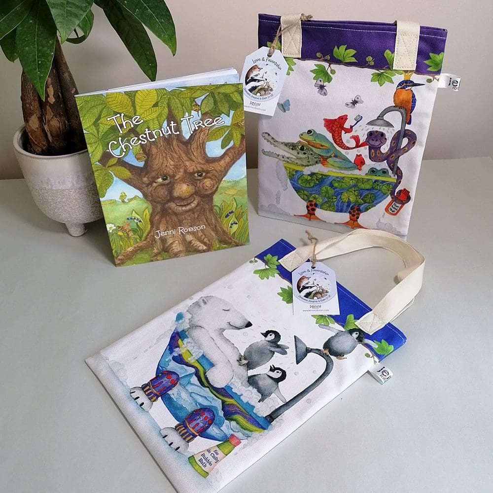 The rhyming picture book 'The Chestnut Tree' for very young readers and two book bag designs featuring reptiles squashed in a bathtub and a chilled polar bear with three naughty penguins in a bubble bath