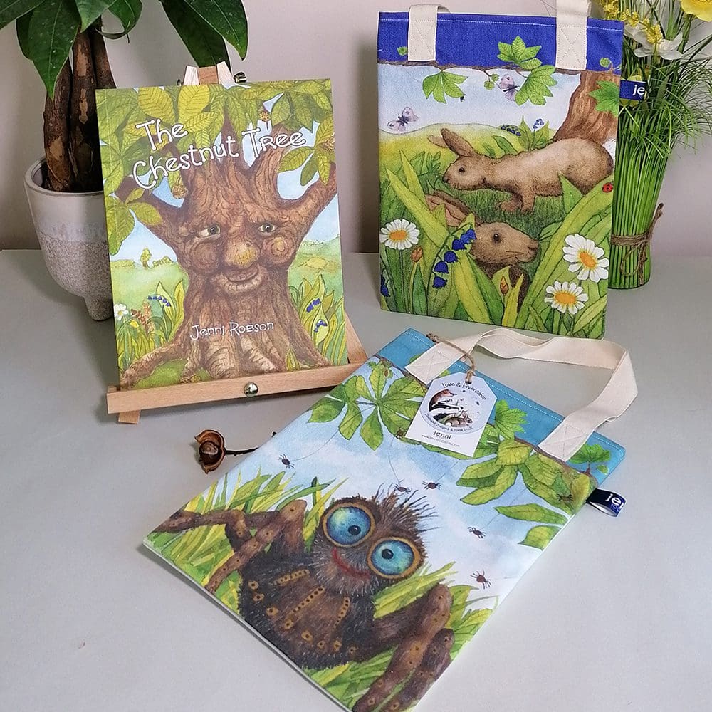 The Chestnut Tree rhyming picture book fits beautifully in the wildlife book bags. Two cotton book bags featuring illustrations of two rabbits, and a spider.