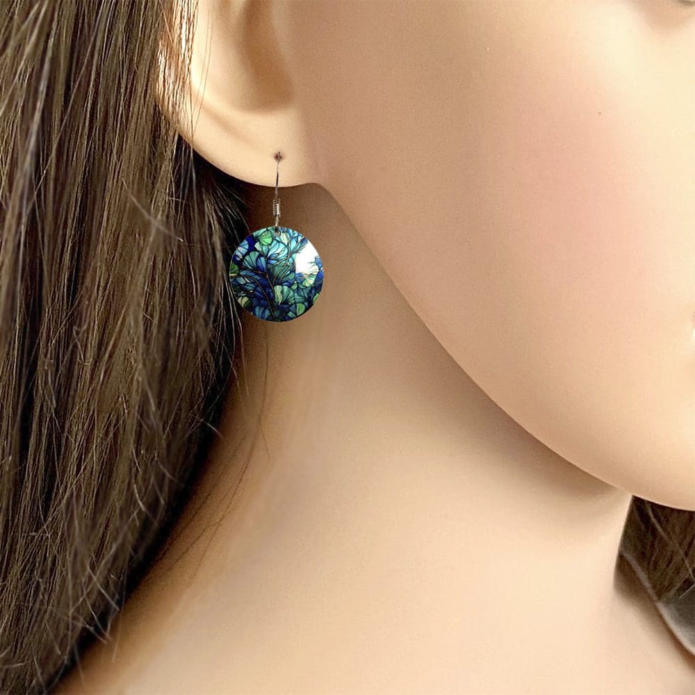 Drop earrings, ginkgo leaves, dark blue, dark green, contemporary, botanical, artistic, metal, aluminium, sterling silver, handmade in UK