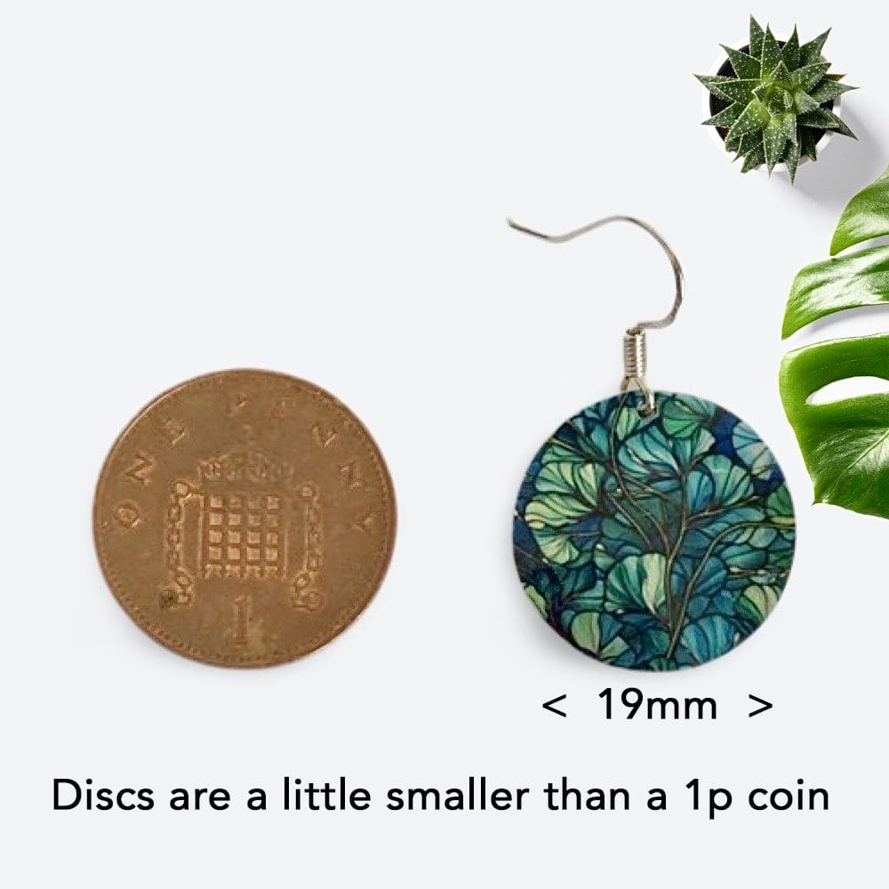 Drop earrings, ginkgo leaves, dark blue, dark green, contemporary, botanical, artistic, metal, aluminium, sterling silver, handmade in UK