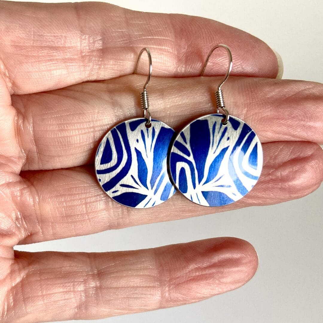 drop earrings, blue, contemporary, abstract, artistic, round, discs, sterling silver, handmade UK