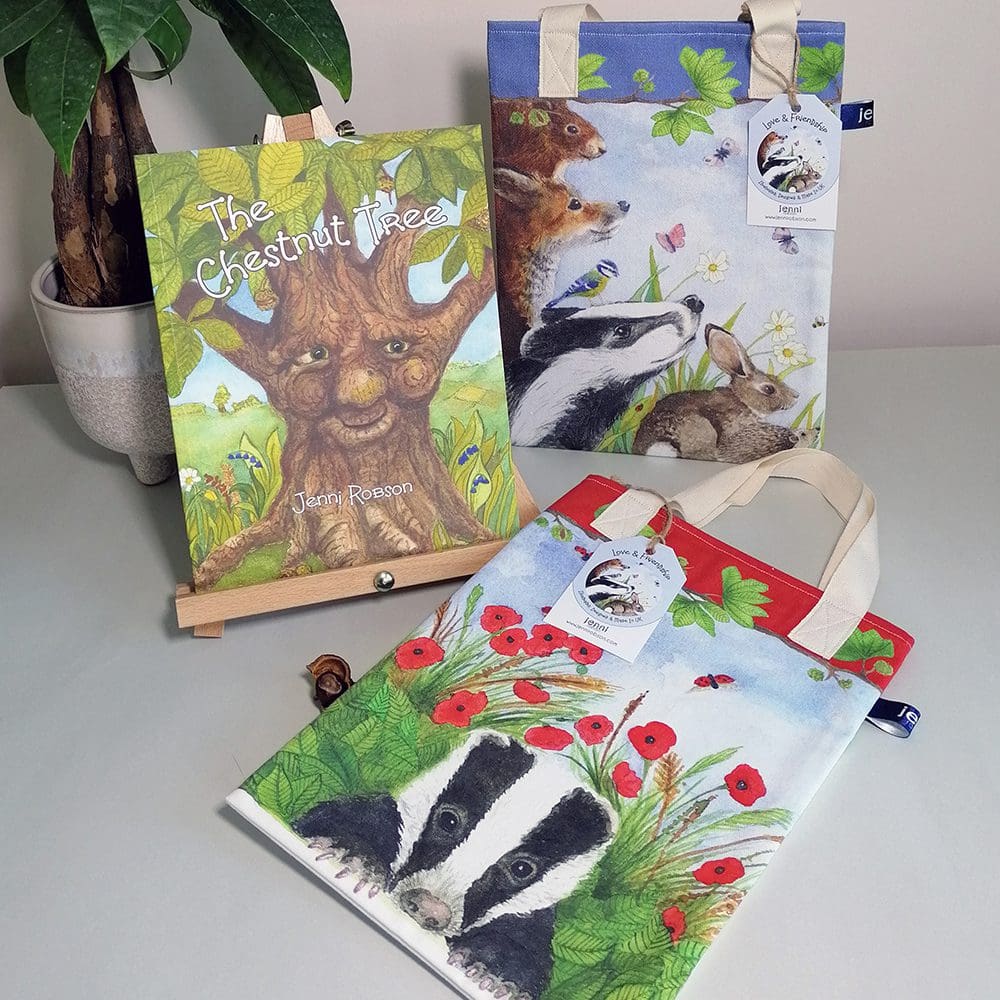 'The Chestnut Tree' rhyming picture book fits beautifully in the wildlife book bags. Two cotton book bags featuring illustrations of a badger and a group of wildlife friends
