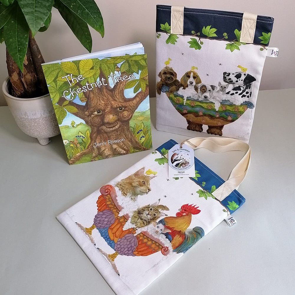 Rhyming picture book 'The Chestnut Tree' and two book bags featuring the dog bath design and cats with a cockerel in a bathtub design.
