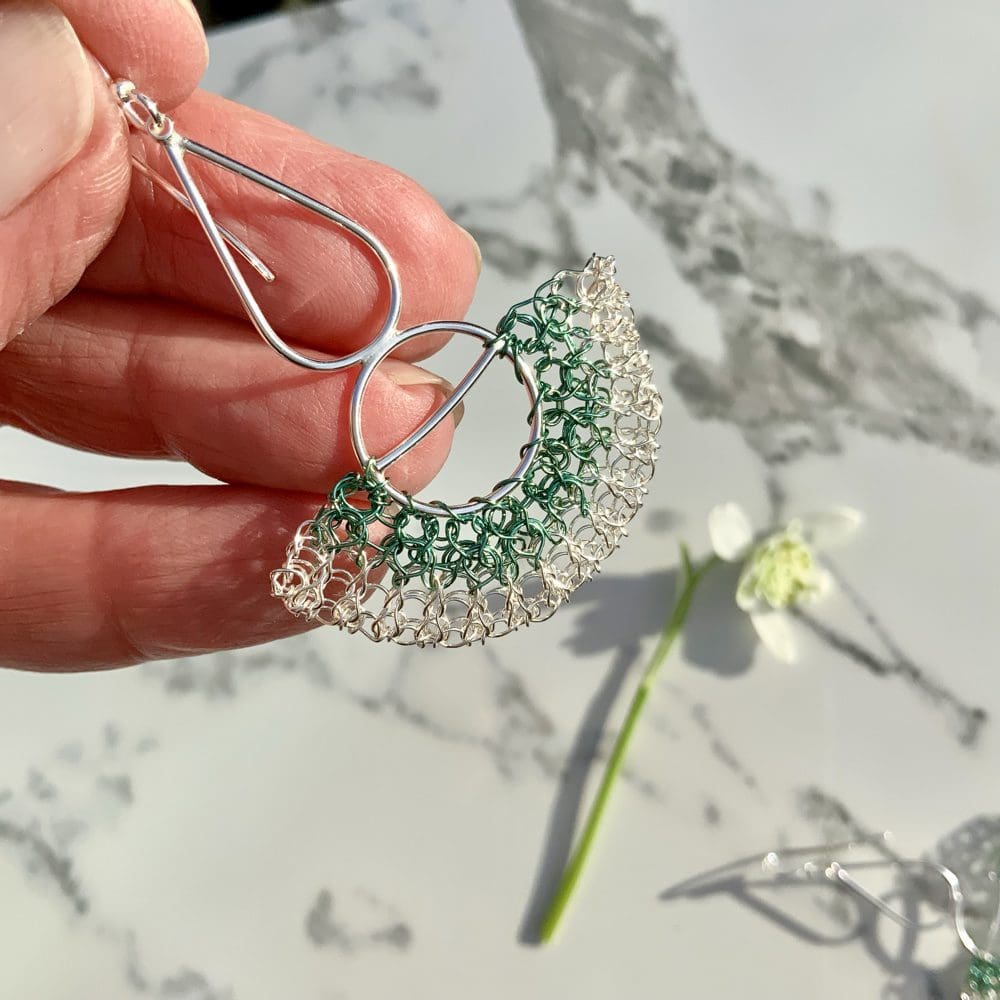 Fan shape silver and green earrings
