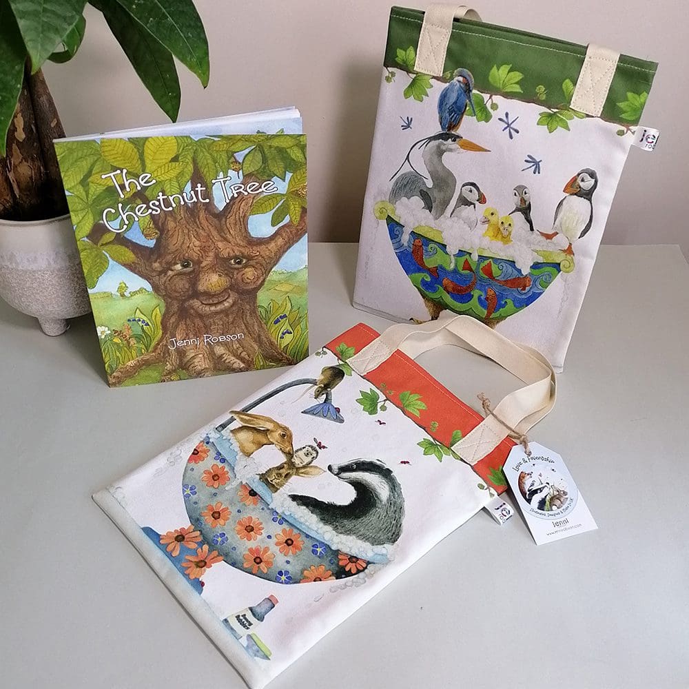 Rhyming picture book 'The Chestnut Tree' by Jenni Robson and two book bags featuring a bird bath and a badger and hare bath