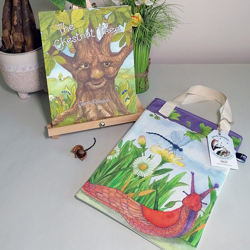 The Chestnut Tree rhyming picture book fits beautifully in the wildlife book bags. The cotton book bag features illustrations of a a dragonfly and slug