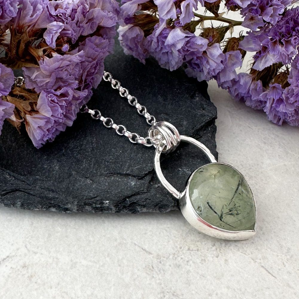 Green prehnite gemstone necklace handmade in sterling silver