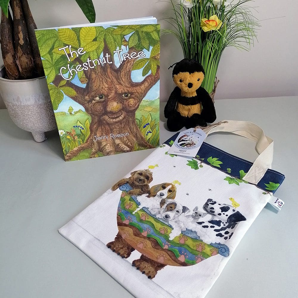 'The Chestnut Tree' book and the dog bath kids book bag