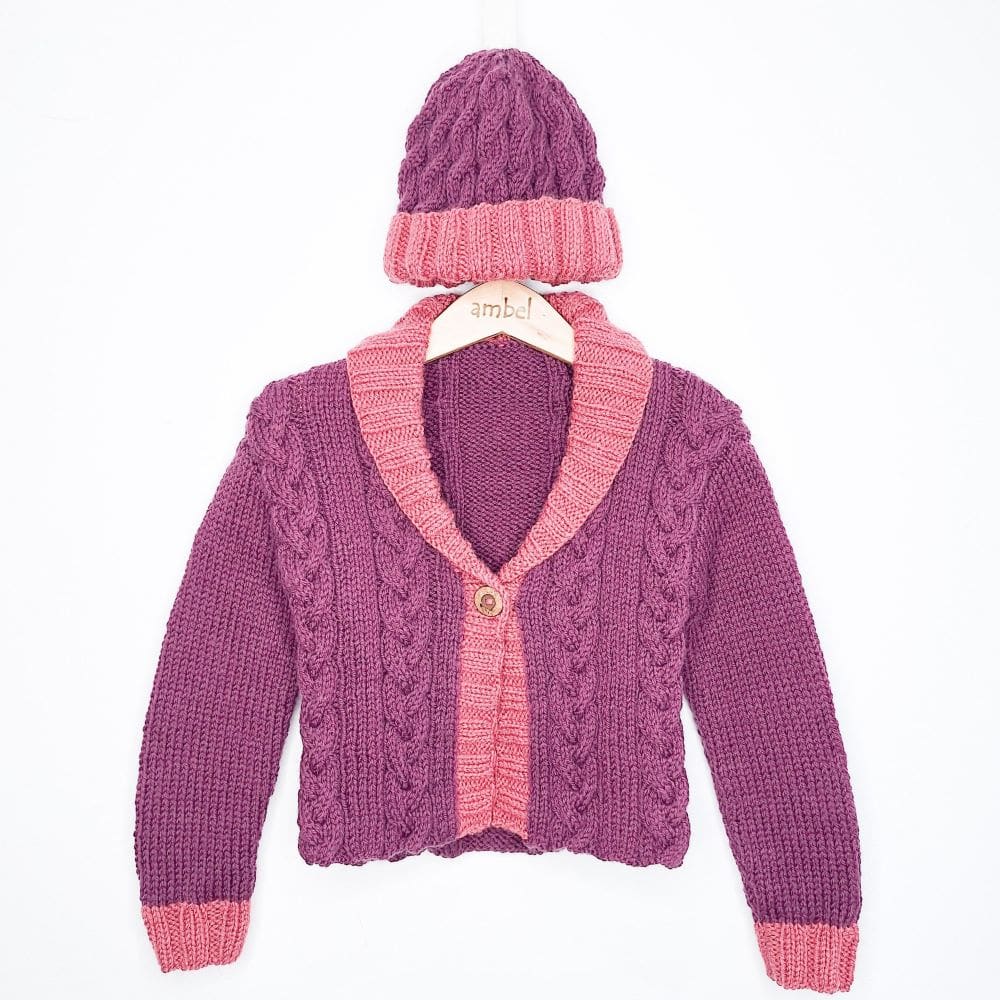 Hand knit deep purple and dusky pink jacket and hat set for boy or girl