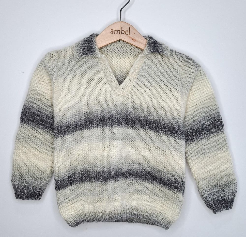 Boys sweater with double rib collar and vintage vibes.