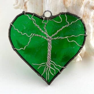 Tree of life sun catcher heart in green glass