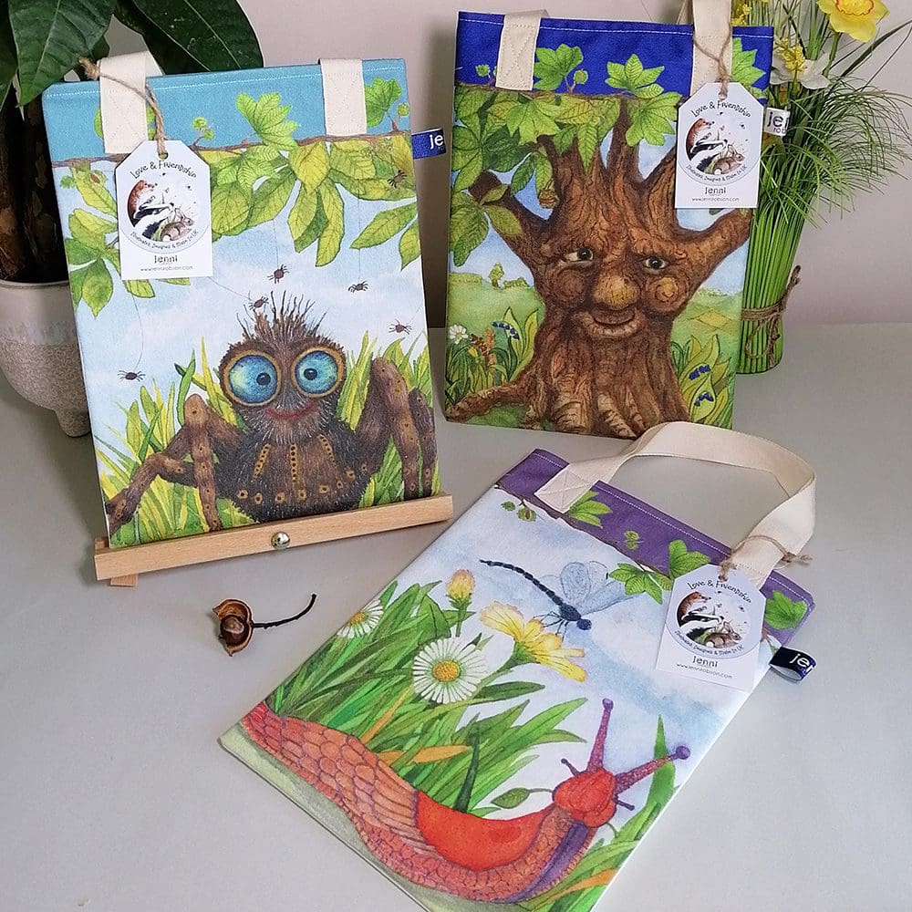 The Chestnut Tree rhyming picture book fits beautifully in the wildlife book bags. Two cotton book bags featuring illustrations of a spider and the dragonfly and slug