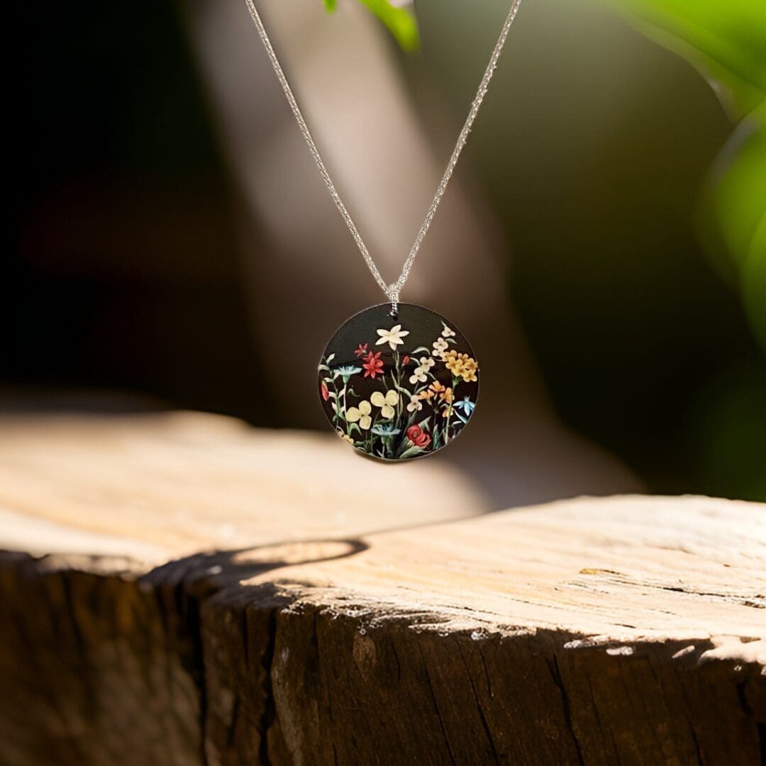 Necklace, pendant, wildflowers, handmade, jewellery, multi coloured, flowers, floral, black, yellow, red, set, aluminium, UK