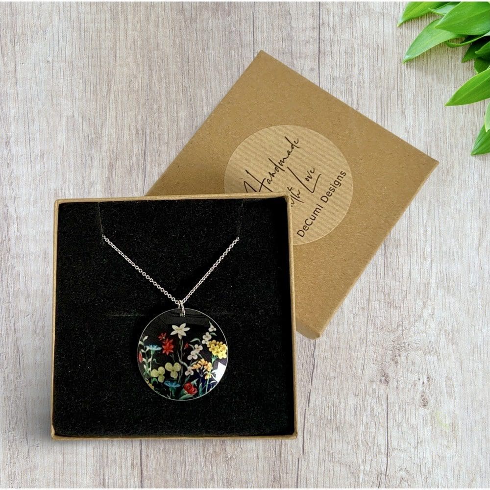 Necklace, pendant, wildflowers, handmade, jewellery, multi coloured, flowers, floral, black, yellow, red, set, aluminium, UK