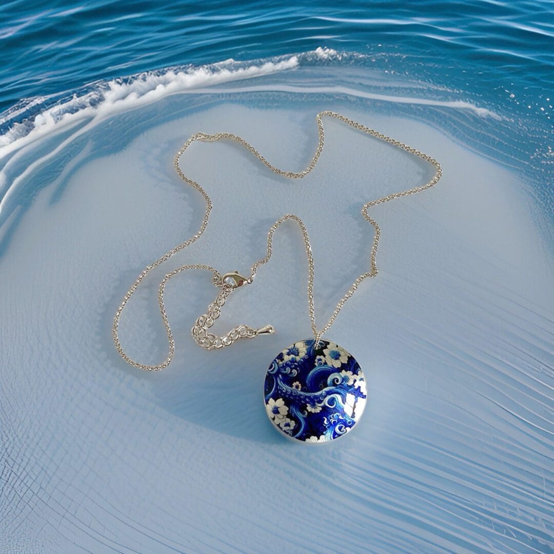 Octopus, pendant, necklace, tentacles, flowers, dark blue, sea life, animals, ocean, round, jewellery, artistic, unusual, sterling silver, gift, handmade UK