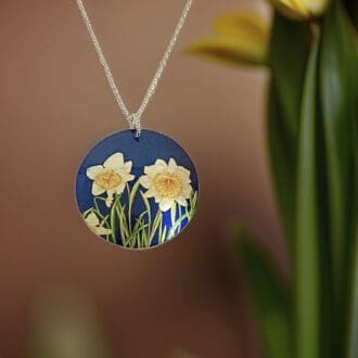 Daffodil, Daffodils, Yellow, flowers, pendant, necklace, fine chain, handmade, jewellery, aluminium, metal, disc, round, spring, floral, UK