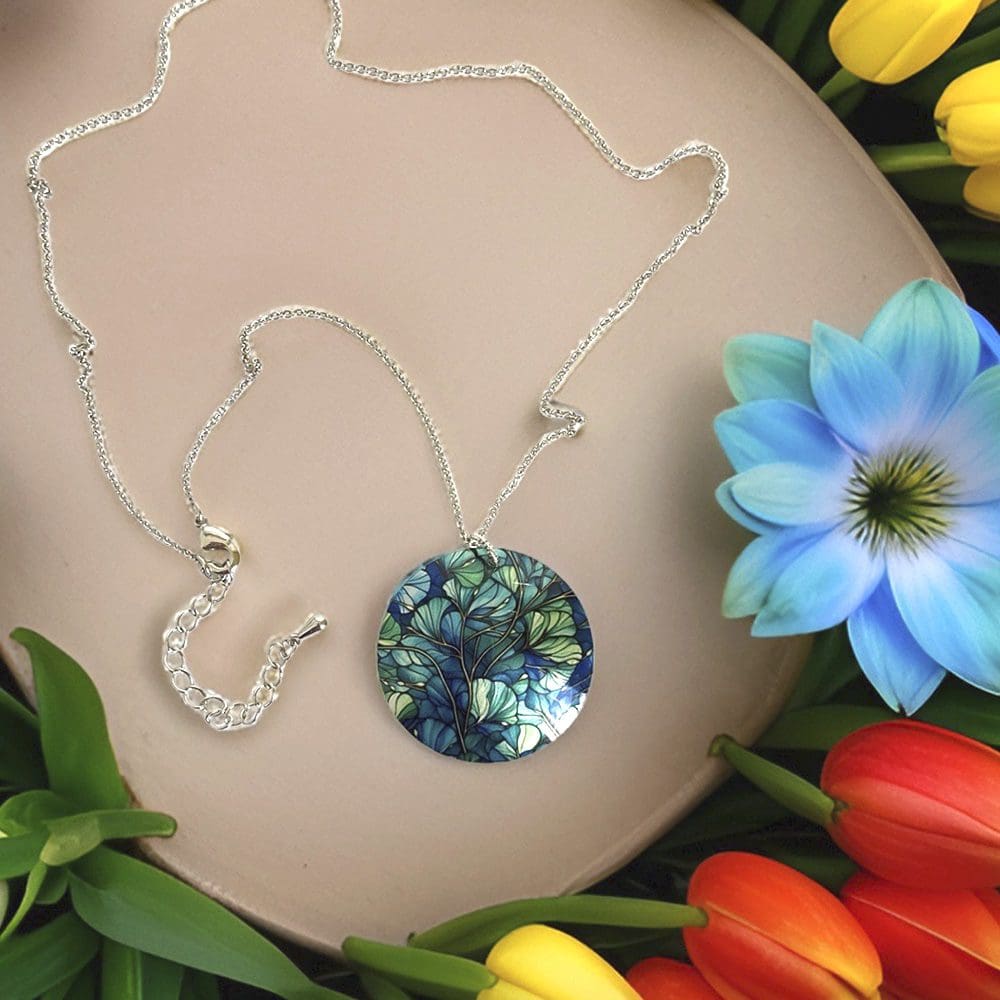 Necklace, pendant, ginkgo leaves, dark blue, dark green, contemporary, botanical, artistic, metal, aluminium, can be personalised, handmade in UK
