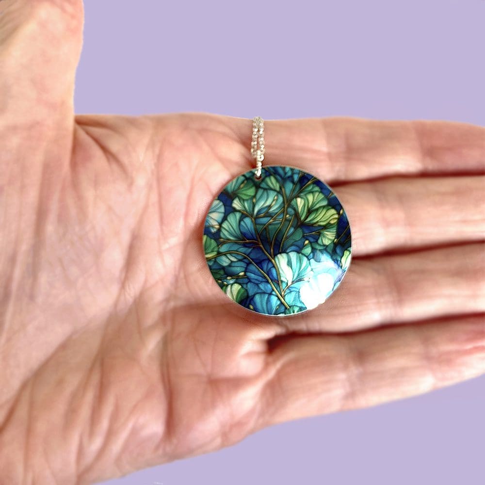 Necklace, pendant, ginkgo leaves, dark blue, dark green, contemporary, botanical, artistic, metal, aluminium, can be personalised, handmade in UK