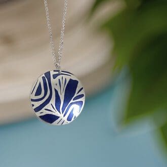Necklace, pendant, round, disc, dark blue, navy, contemporary, abstract, artistic, metal, aluminium, can be personalised, handmade UK
