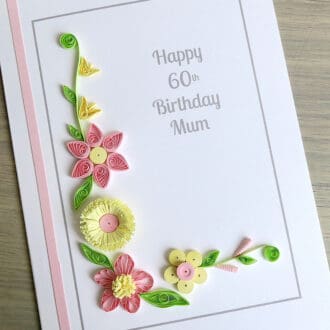 Handmade personalised card with pink and lemon quilled flowers