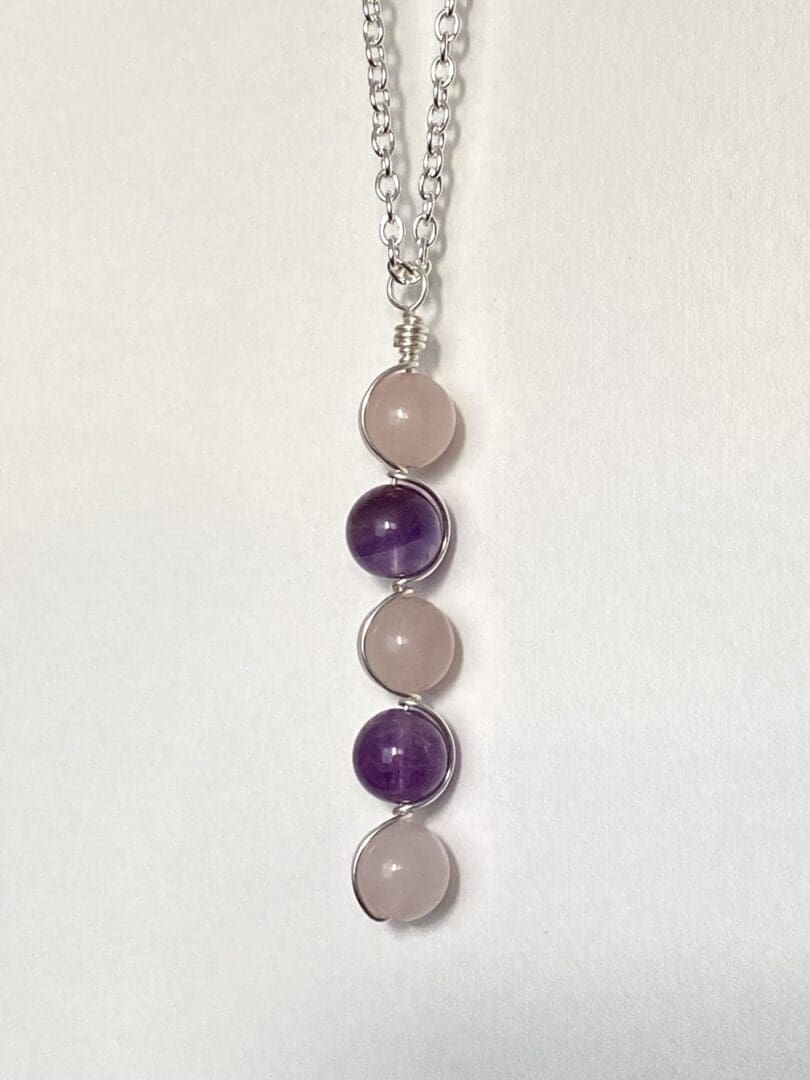 Rose Quartz and Amethyst 5 Gemstone Wire Wrapped Necklace