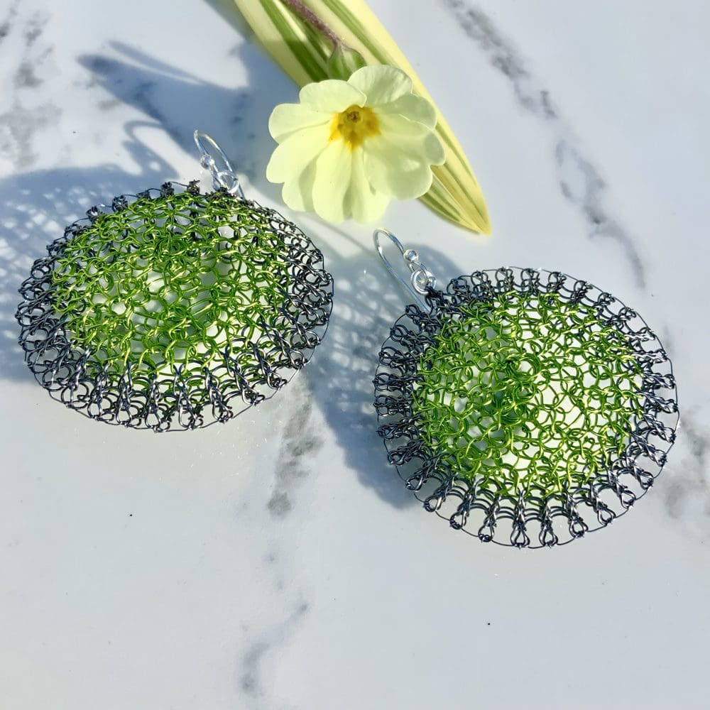 Round drop earrings in wire crochet lace