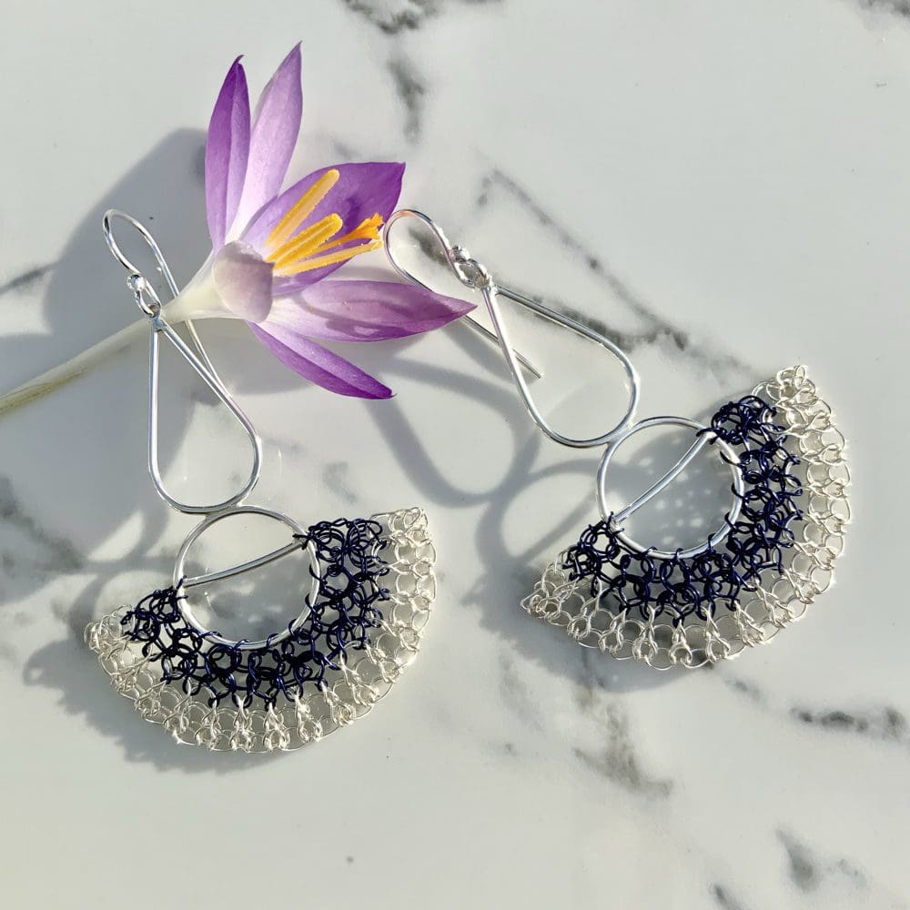 Silver earrings with blue enamel crochet detail