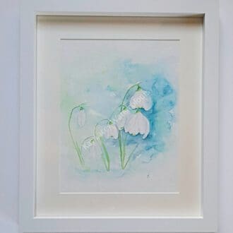 Original framed Watercolour of Snowdrops with turquoise background