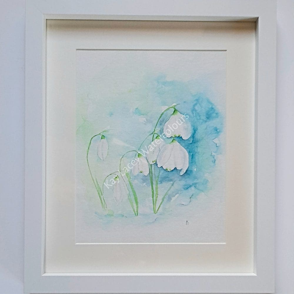 Original framed Watercolour of Snowdrops with turquoise background