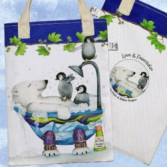 Polar bear and triplet penguins bookbag. On the front featuring three penguins bothering a chilled polar bear sharing a bubble bath. On reverse is the 'Love and Friendship logo with a little close up of Pip polar bear and Walter penguin. Bright blue trim on top edge and pale cream cotton handles.