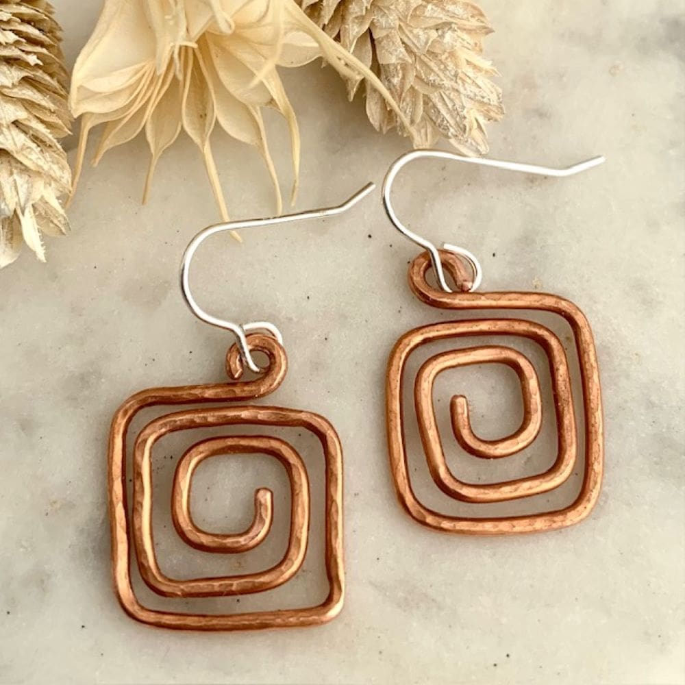 Textured Copper Square Spiral Earrings