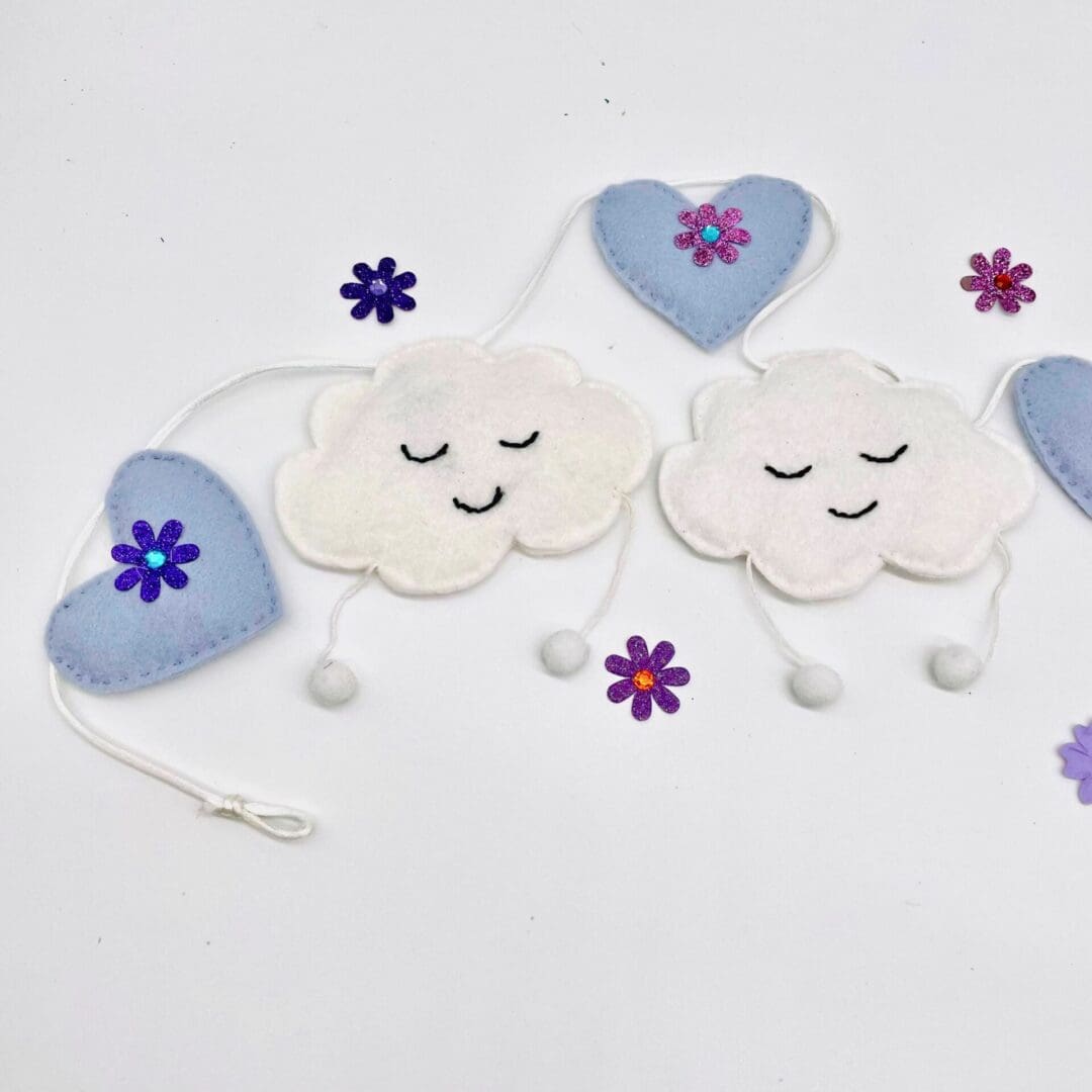 clouds and purple hearts bunting
