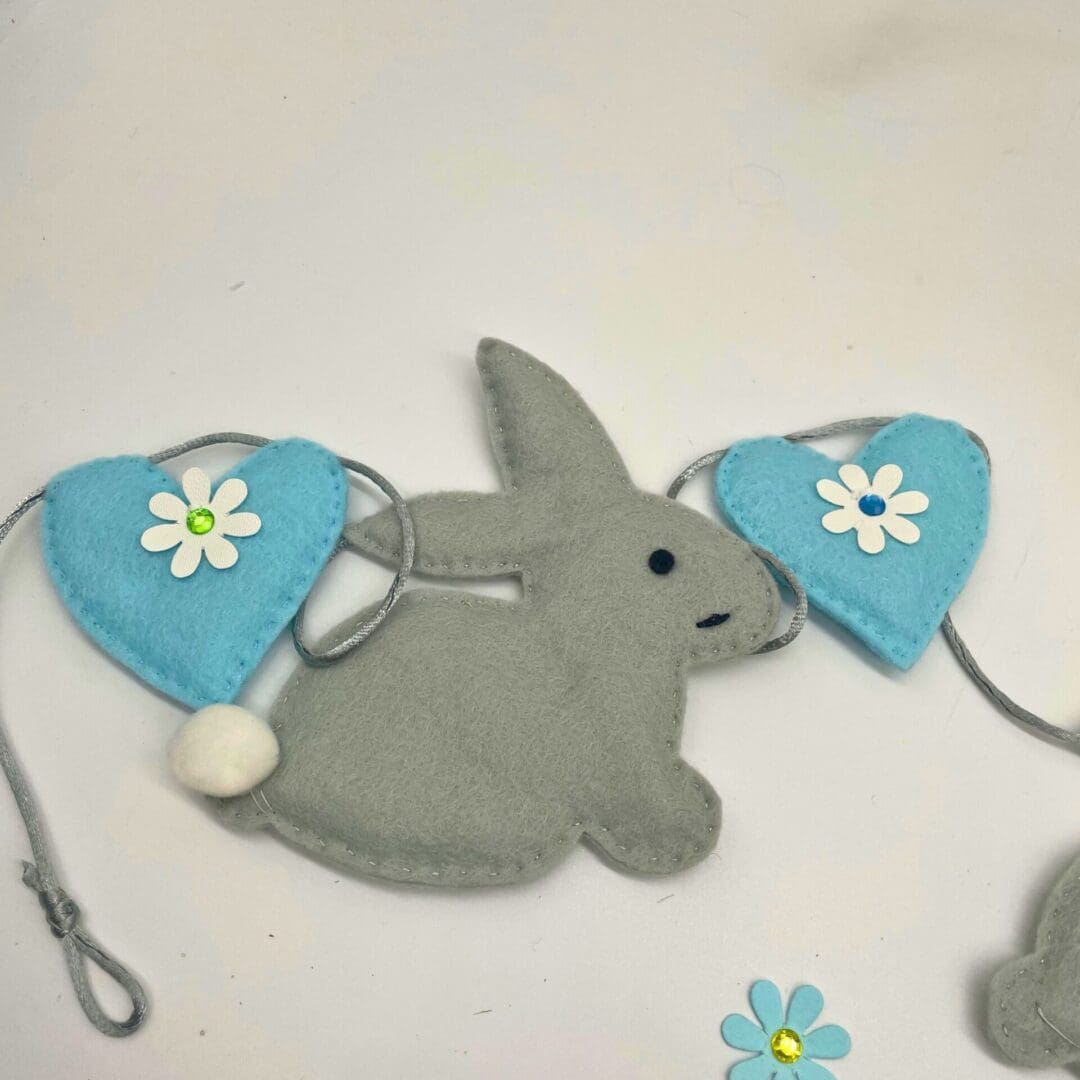 Grey Bunny Rabbits and blue hearts bunting