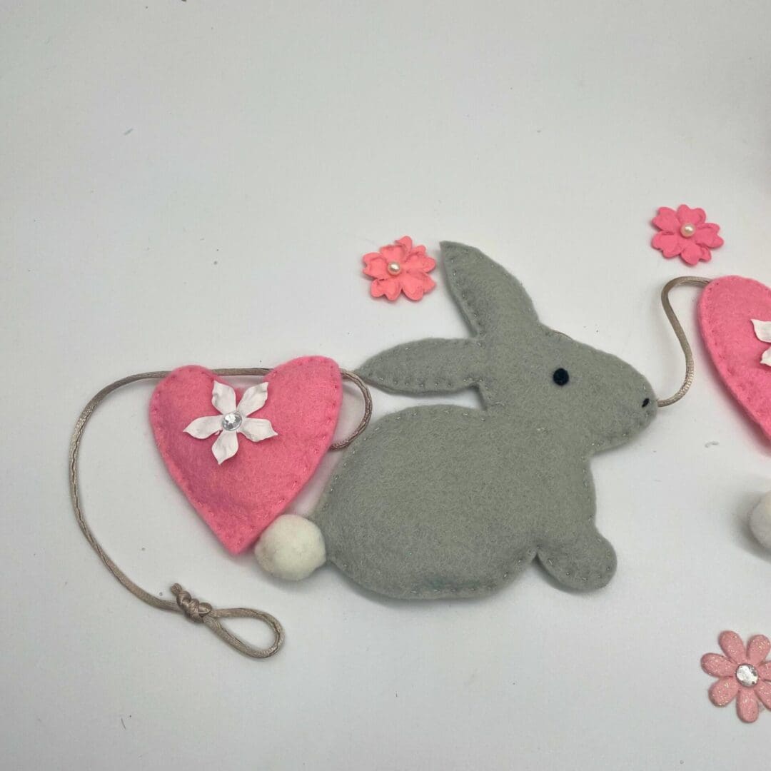 Grey Bunny Rabbit and pink hearts bunting