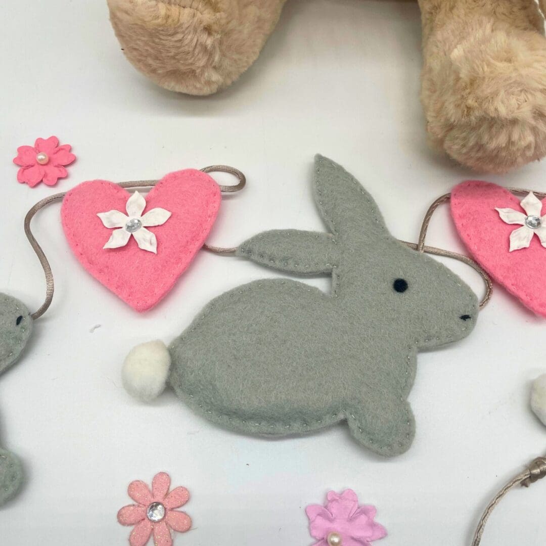 Grey Bunny Rabbit and pink hearts bunting