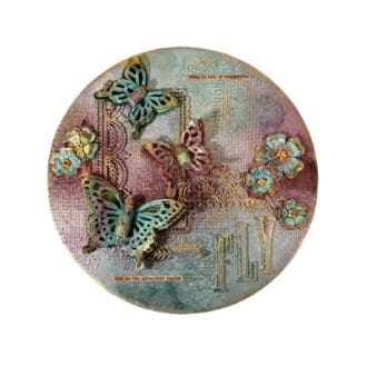 30cm circular original art in pinks and greens with paper butterflies and flowers.