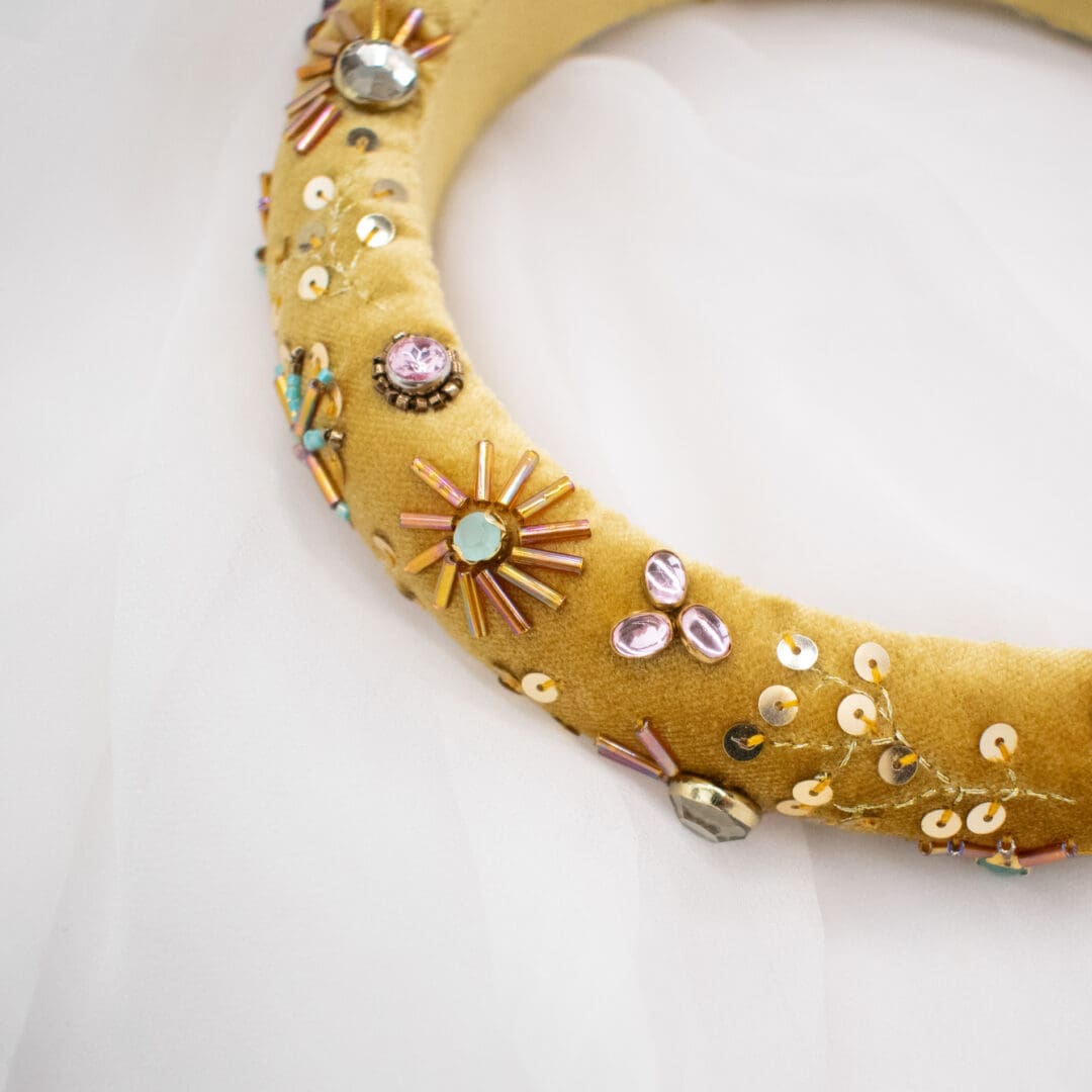 mustard velvet headband embellished with vintage beads and sequins