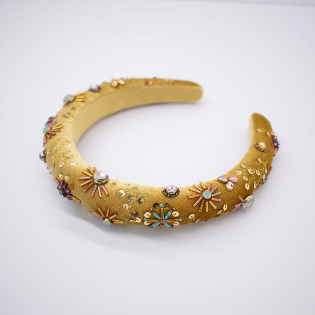 mustard velvet headband embellished with vintage beads and sequins