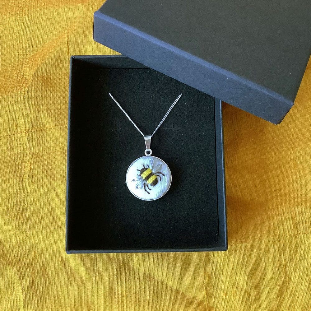 Bee hand embroidered silver pendant and chain in presentation box