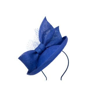 Royal blue disc hatinator with large bow and veiling
