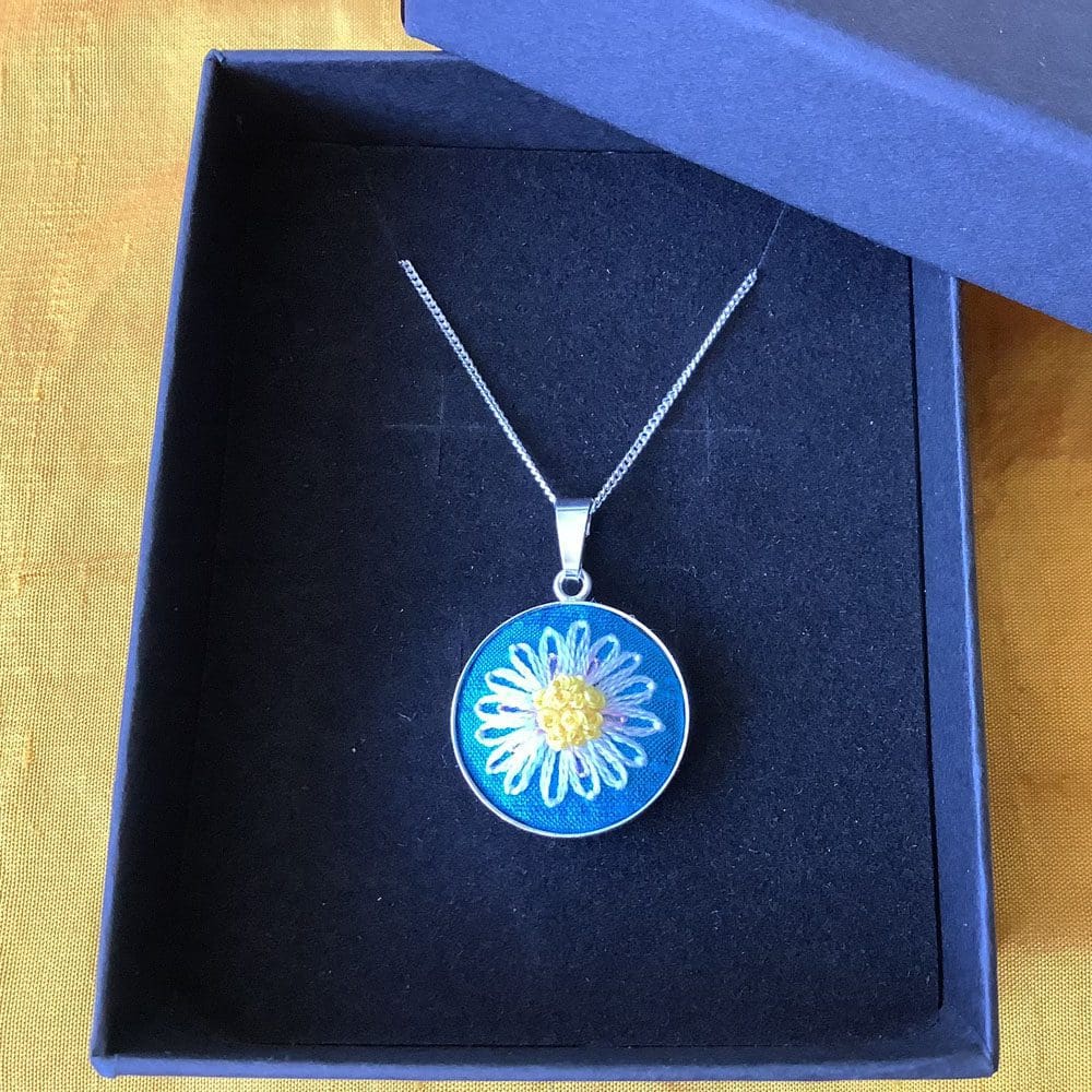Daisy hand embroidered silver pendant and chain in presentation box