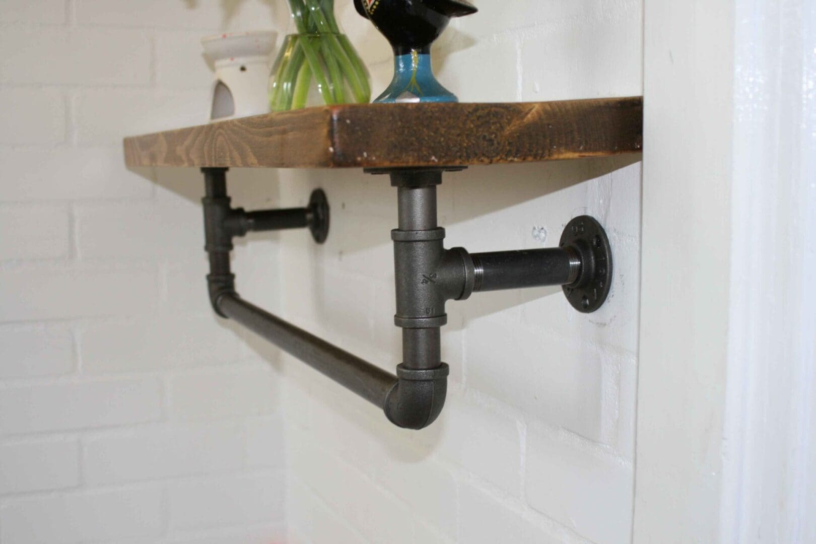 towel rail and scaffold board shelf made with steel pipe and iron fittings