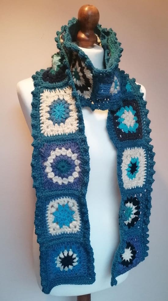 granny square scarf various blues
