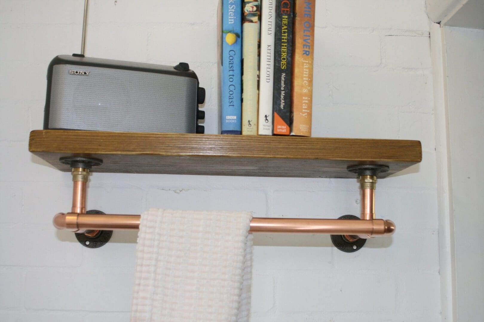 copper clothes rail and rustic scaffold board waxed shelf bedroom storage and open wardrobe tbch